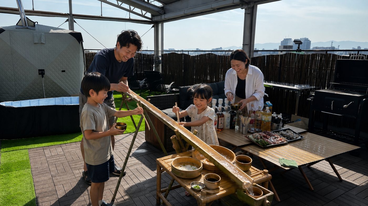 屋上で流しそうめんを楽しむ家族