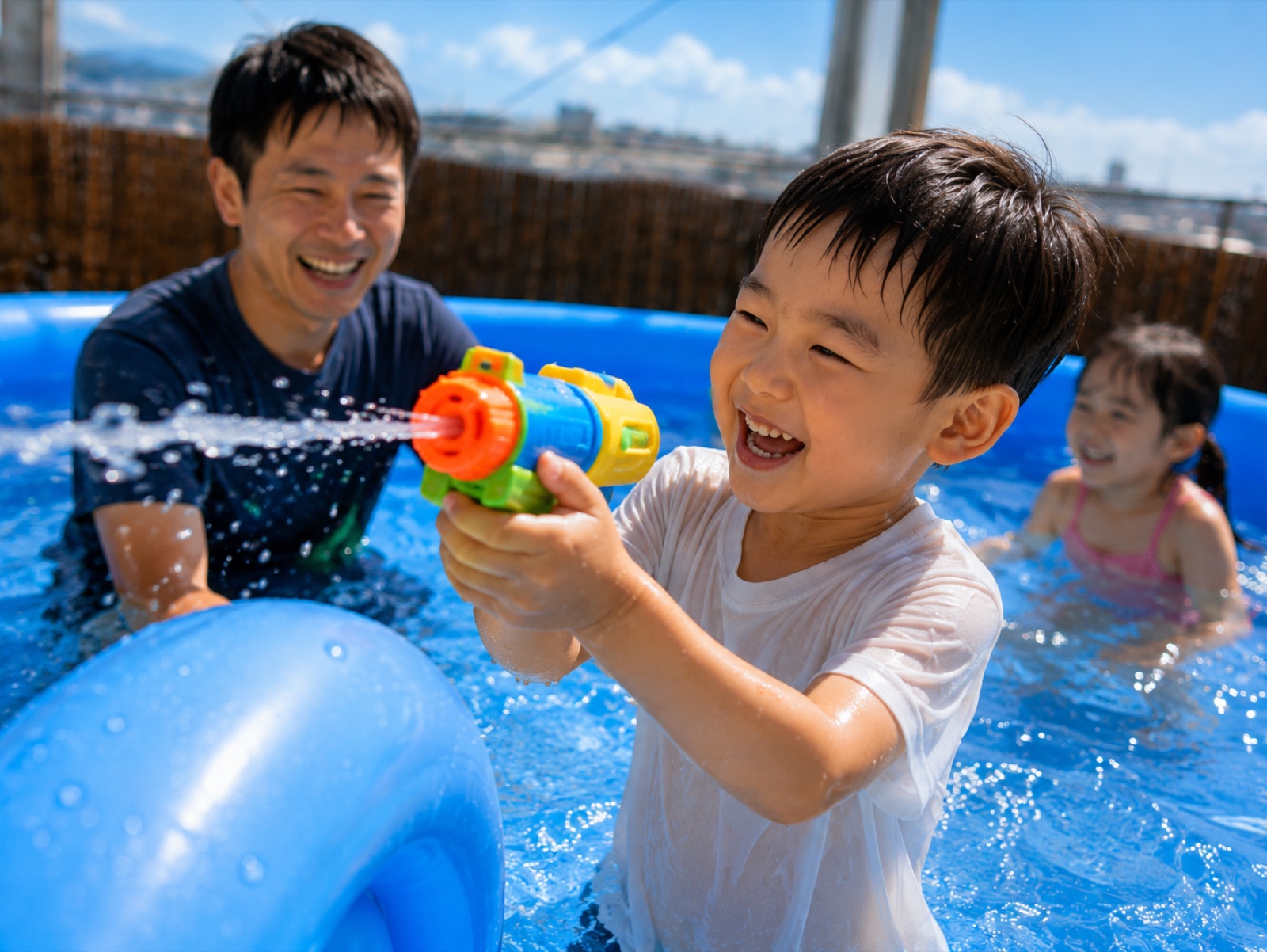 屋上プールで水鉄砲を構える男の子